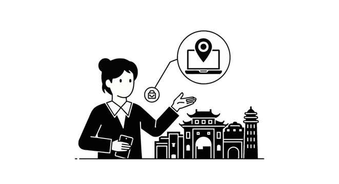 Black and white vector illustration of a businesswoman with a smartphone pointing to a traditional Asian gate, featuring a laptop icon with a location pin and security lock.