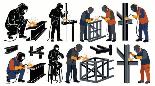 Professional vector collection featuring different welder character poses, welding metal structures, wearing protective equipment, using welding torch, industrial fabrication work