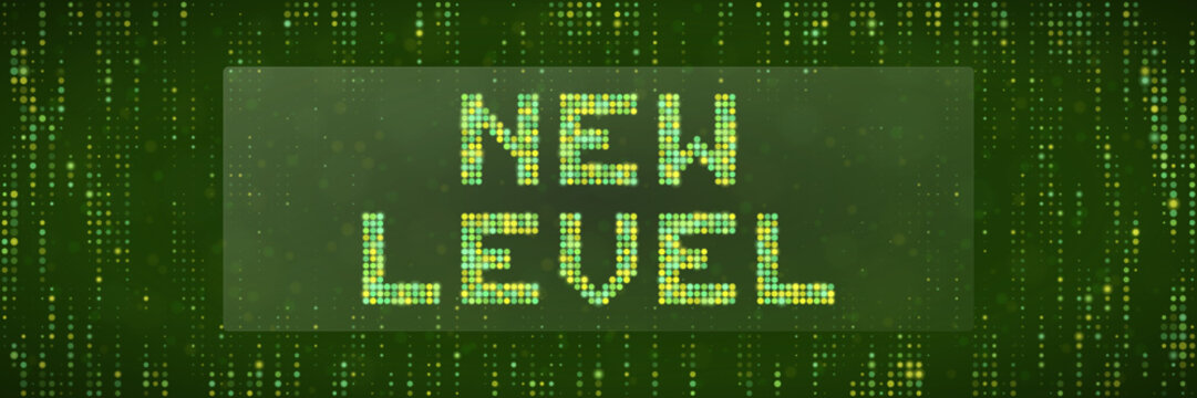 New Level Digital Text Sign with Green Matrix Code Background for Gaming and Technology Concepts