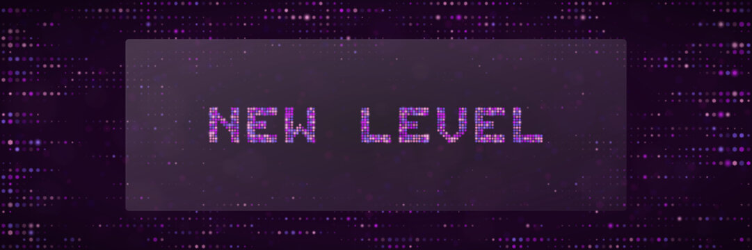 New Level Digital Pixel Text Sign for Gaming Achievement and Progress Concept Background