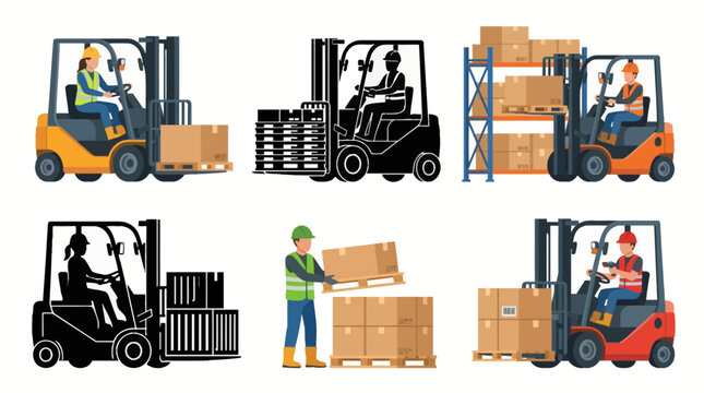 Professional vector collection featuring different forklift operator character poses, driving forklift, moving pallets, loading warehouse goods, transporting cargo, stacking inventory