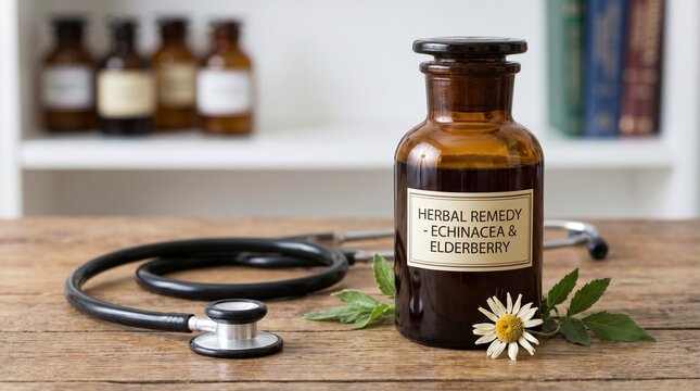 Herbal remedy bottle with stethoscope on wooden table.