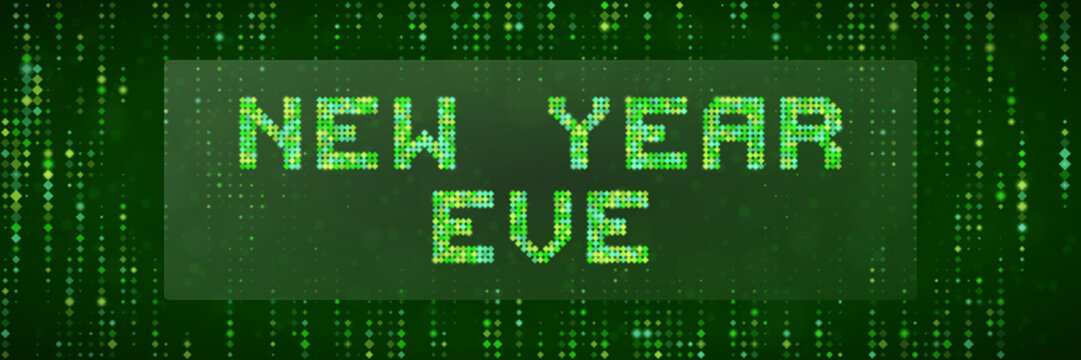 Digital New Year Eve Text Banner with Matrix Style Green Code Background for Tech Holiday Celebration Design