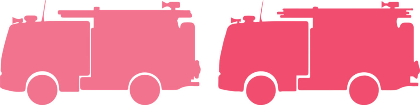 Pink fire truck silhouettes, set of 2 emergency vehicle icons. Flat vector fire engine profiles for safety awareness and rescue services.