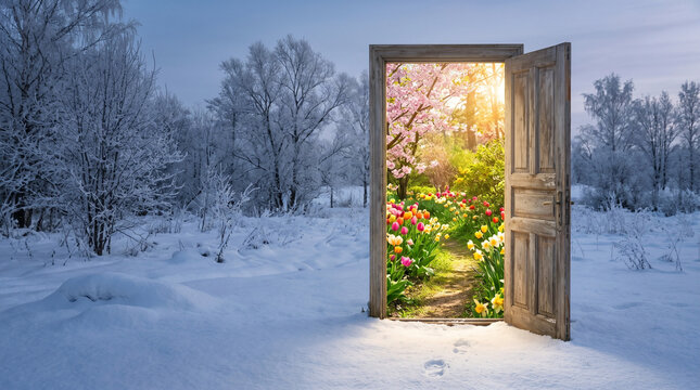 Open door in a snowy winter landscape leading into a spring garden