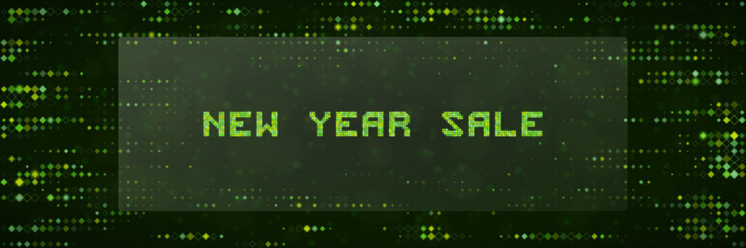Digital New Year Sale Banner with Matrix Style Green Binary Code Background for Tech Retail Promotions