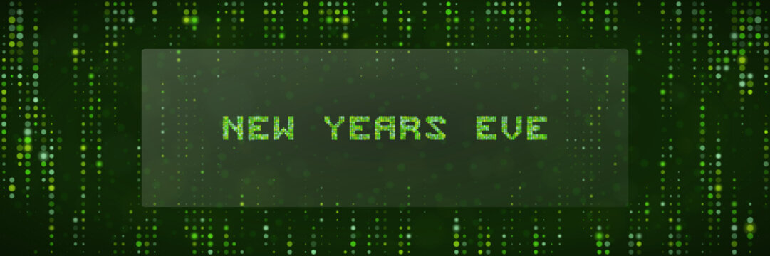Digital Matrix Style New Years Eve Text Banner with Green Falling Code Background for Tech Holiday Celebration