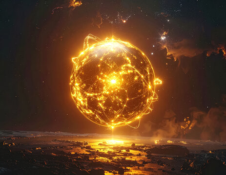 Futuristic glowing energy sphere floating above alien planetary surface