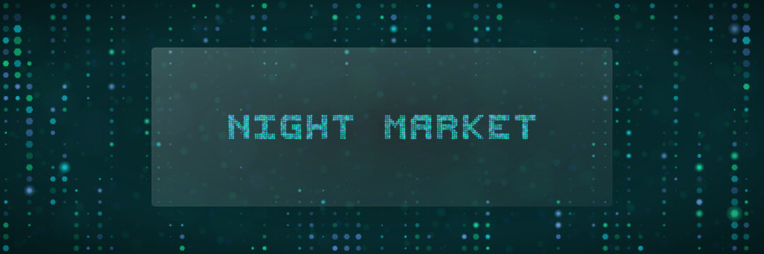 Night Market Digital Signage Concept with Matrix Style Text and Glowing Data Particles for Cyberpunk Backgrounds