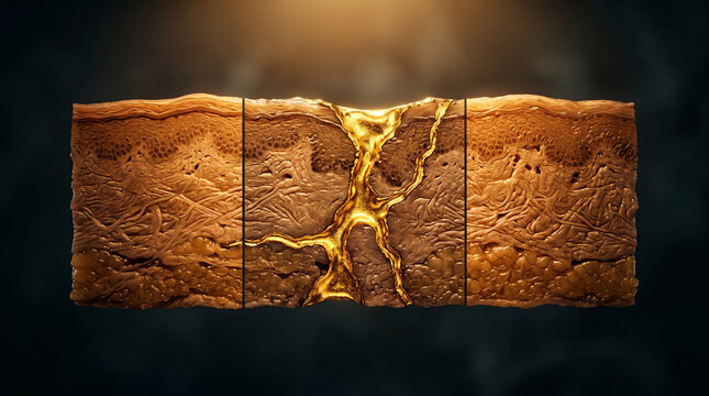 Abstract cross section of flesh healed with gold kintsugi