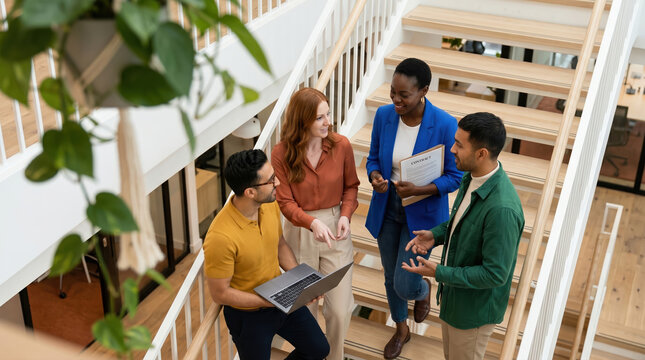 Team meeting on office stairs with laptop and document