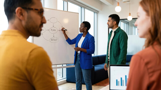 Diverse team planning strategy during office meeting