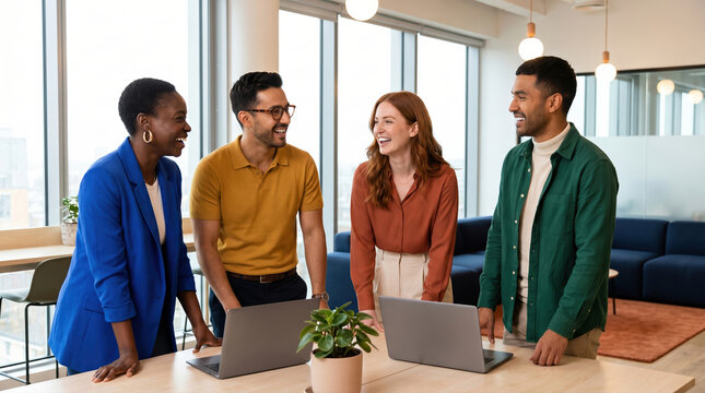 Diverse team collaborating with laptops in bright office