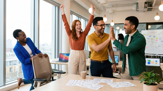 Diverse team celebrates office success with high five
