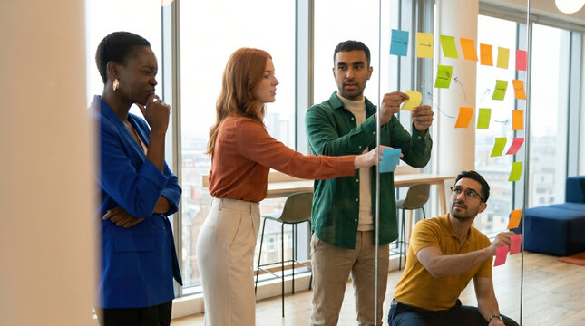 Diverse team planning project with sticky notes in office