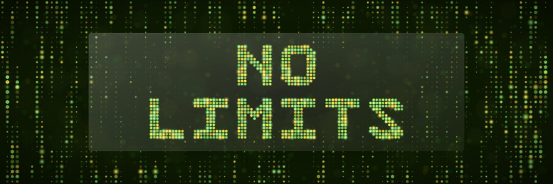 No Limits Digital Text Concept with Green Matrix Data Stream Background for Technology and Motivation Themes