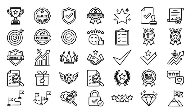 Premium quality assurance stamp and customer satisfaction feedback linear vector outline icons bundle