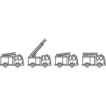 Fire trucks in a row with one extending its ladder outdoors