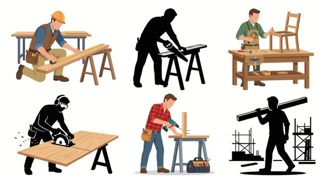 Professional carpenter character vector illustration set with woodworkers measuring timber sawing wood repairing chair using electric drill and silhouettes flat isolated icons on white background
