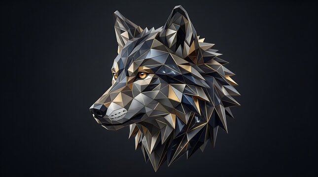 Geometric wolf head in metallic colors on dark background