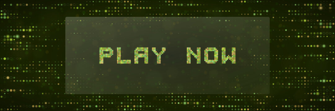 Digital Play Now Button with Green Matrix Pixel Background for Gaming Interface and Online Casino Website Design