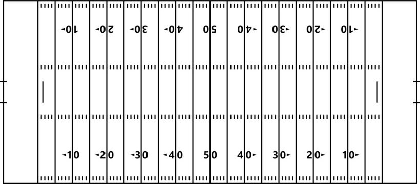 Professional American football field viewed from above with official yard markings, hash marks and end zones. Clean outline vector template suitable for sports strategy, coaching, infographics