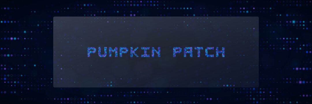 Digital Pumpkin Patch Text Sign with Cyber Glitch Pixel Art Style for Halloween Technology Concept Background