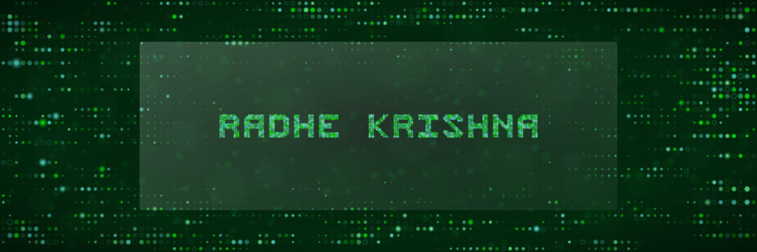 Radhe Krishna Digital Text Design with Green Matrix Code Background for Spiritual Technology and Devotional Art Projects