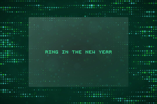 Digital New Year Celebration Background with Matrix Style Green Pixelated Data Stream and Glowing Text Overlay