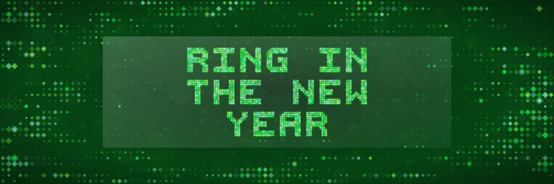 Digital New Year Greeting Card Background with Matrix Style Green Pixel Text and Abstract Data Pattern