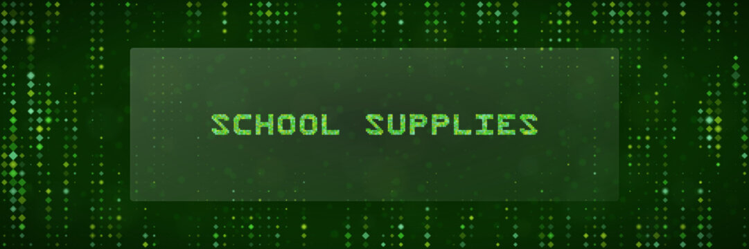 Digital School Supplies Concept with Matrix Style Text Overlay for Online Education and E-Learning Platforms