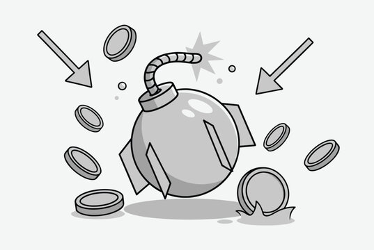 Conceptual illustration of a cartoon bomb falling with a shower of silver coins representing a financial crisis or economic impact.