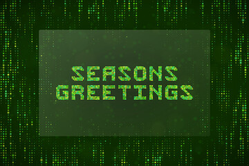 Digital Seasons Greetings Text in Matrix Style Green Code Background for Tech Holiday Card Design © SimpleDesignStudio