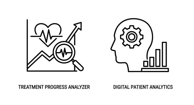 Medical treatment progress analyzer and digital patent analytics outline icons