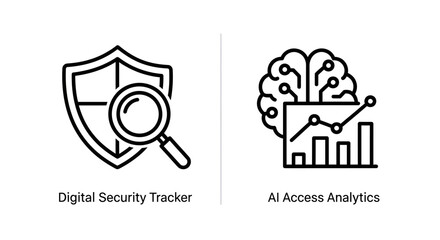 Fototapeta premium Digital security tracker and AI access analytics line icon collection