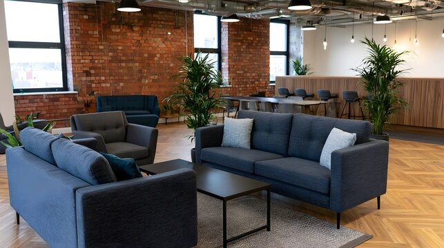 A stylish and comfortable open plan office interior featuring modern seating and complementary design elements