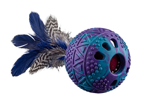 Modern pet activity ball with textured surface, jingle bells, and blue feathered tail.