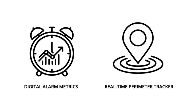 Digital alarm metrics and real-time perimeter tracker icons with perimeter