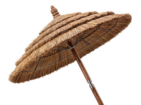 Straw beach umbrella with layered thatch roof, angled view on a transparent background.
