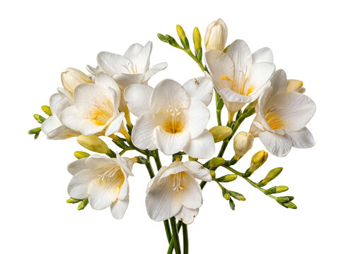 Elegant bouquet of pristine white freesia flowers with green stems and delicate buds.