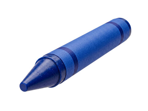 Classic blue wax crayon, slightly used and angled, with a smooth paper wrapper.