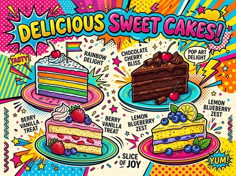 Colorful cartoon illustration of assorted cakes and desserts.
