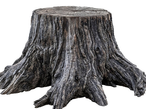 Detailed close-up of an ancient, gnarled tree stump with deep root system and textured bark on a transparent background.