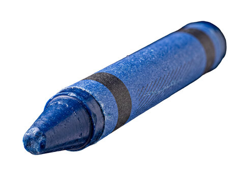 Detailed close-up of a well-used blue wax crayon tip, showing texture and wear, isolated on a transparent background.