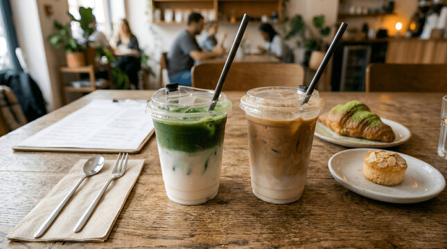 Matcha latte and coffee latte with croissant at cafe, beverage photography