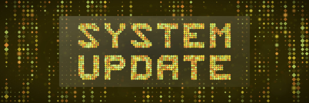 System Update Digital Text Banner with Glowing Pixelated Gold Particles for Technology Software Maintenance Concept