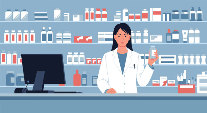 Friendly female pharmacist in a white lab coat stands behind a pharmacy counter filled with many bottles of medicine and pharmaceutical products.