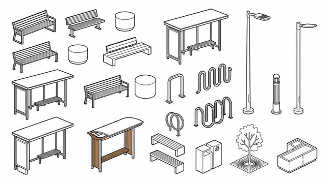 Isometric outline drawing of urban street furniture showcasing a wooden bus shelter and concrete cylinder stools
