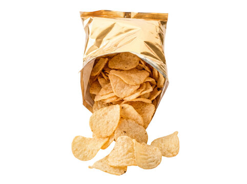 Golden bag of crispy corn tortilla chips with many pieces spilling out on a transparent background.