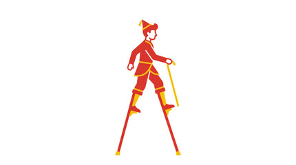 Fototapeta premium Circus performer on stilts in a red and yellow costume, walking with a cane